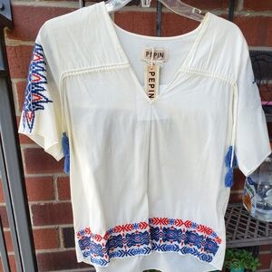 Boho cotton embroidered top with tassles size M